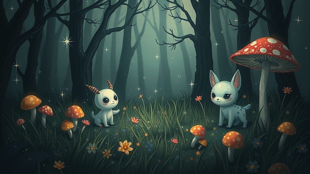 Dreamlike Forest Scene with Whimsical Creatures