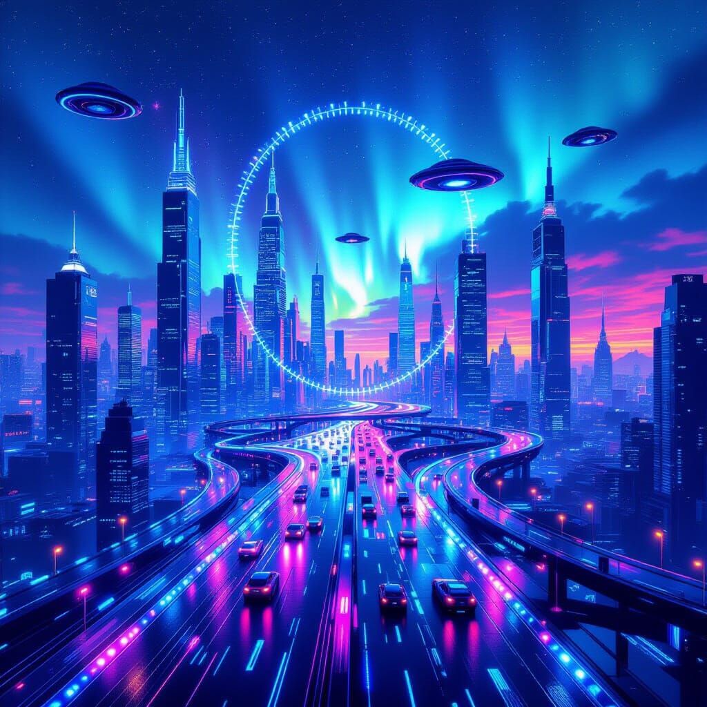 Luminous Bead Cityscape with Ring Vehicles