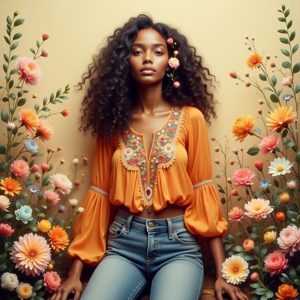 Psychedelic Bohemian Woman Surrounded by Flowers