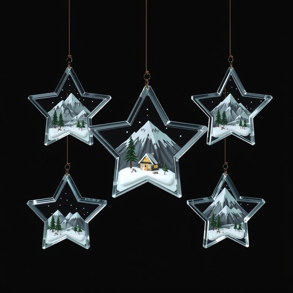 Glass Stars with Snowy Mountain Views in Surreal Style