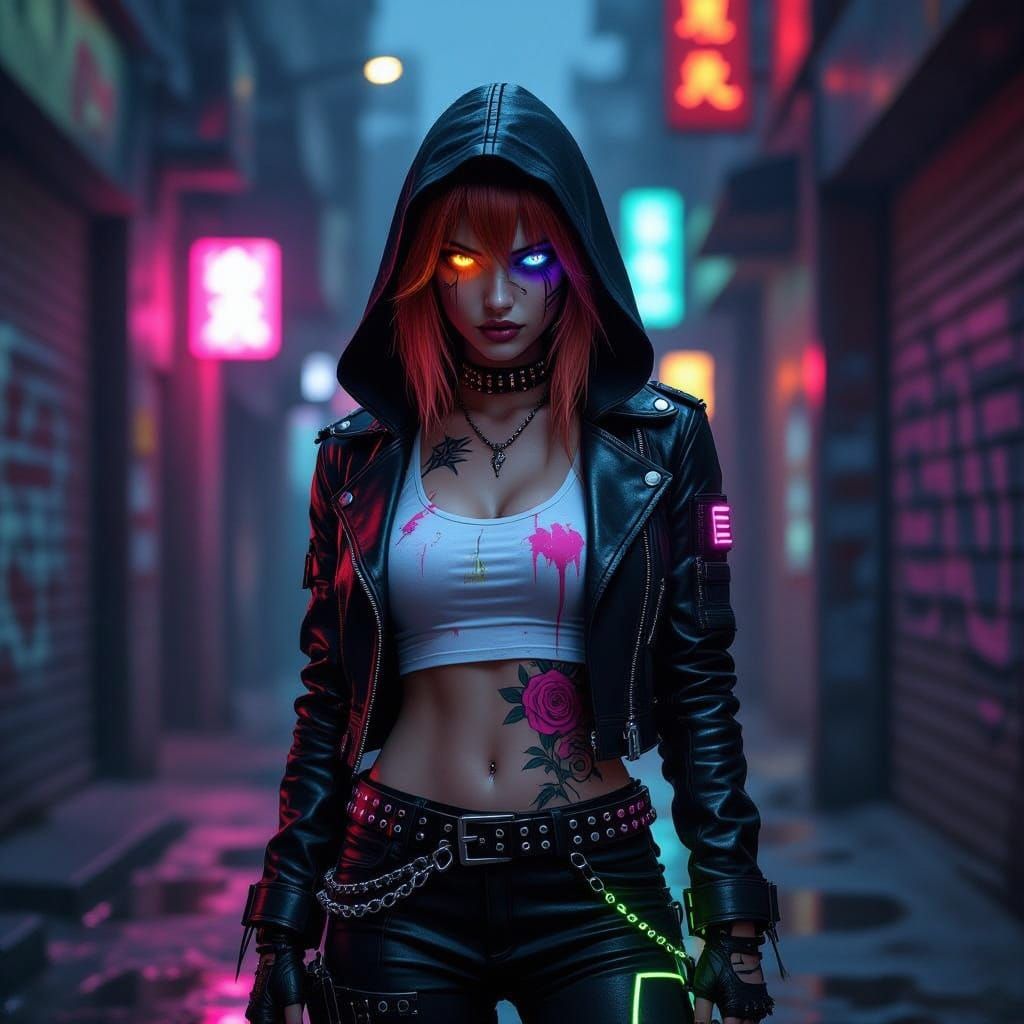 Cyberpunk Woman with Heterochromia in Neon Alley