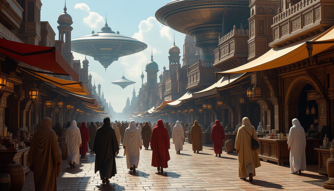 Alien Spaceport with Muslim Travelers in Photorealistic Styl...