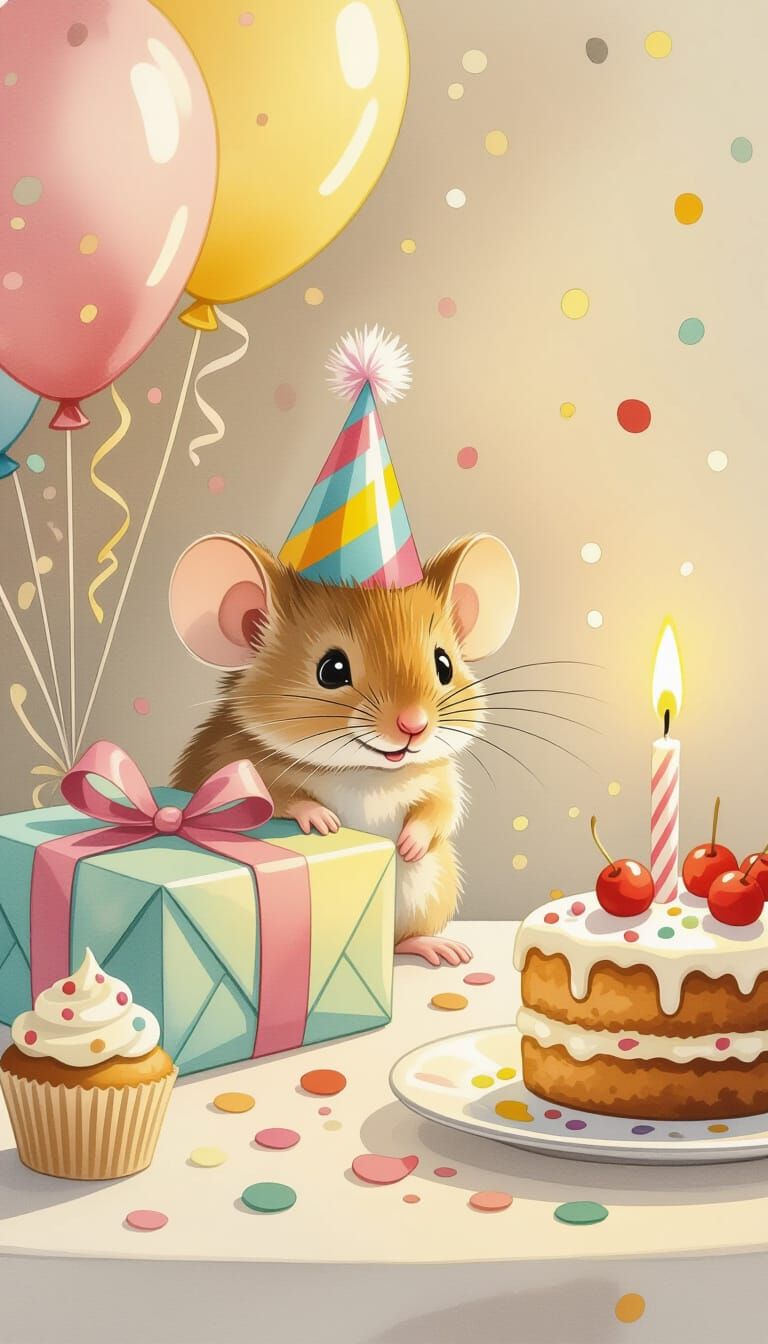 Mouse at Birthday Party in Watercolor Style