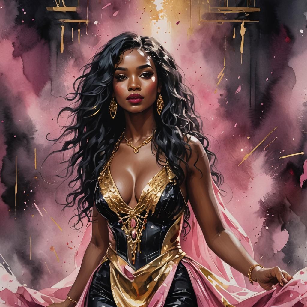 Ebony Woman on Stage in Watercolor Splash Style