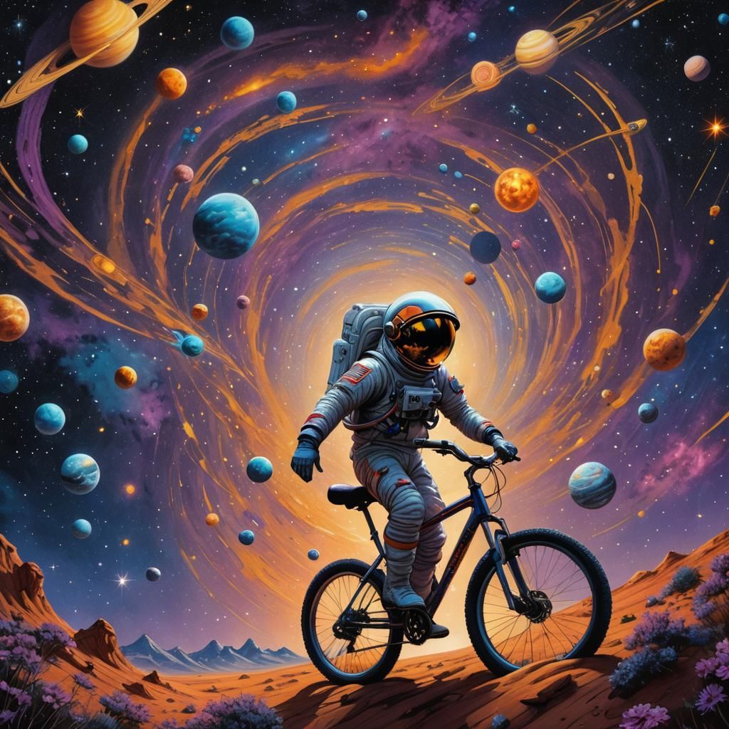 Astronaut Biking Through a Surrealist Cosmos