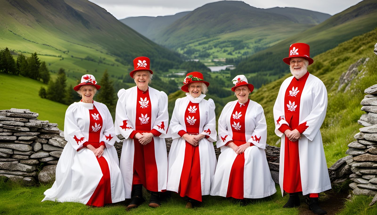 Welsh Figures in Verdant Mountain Valley