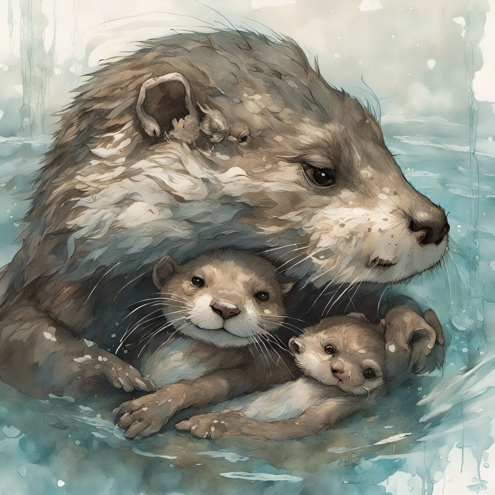 Magical Baby Otter with Mother: Fantasycore Artwork