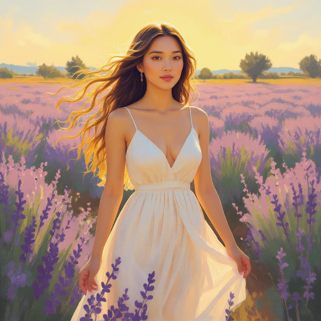 Woman in Lavender Field: Impressionist Style
