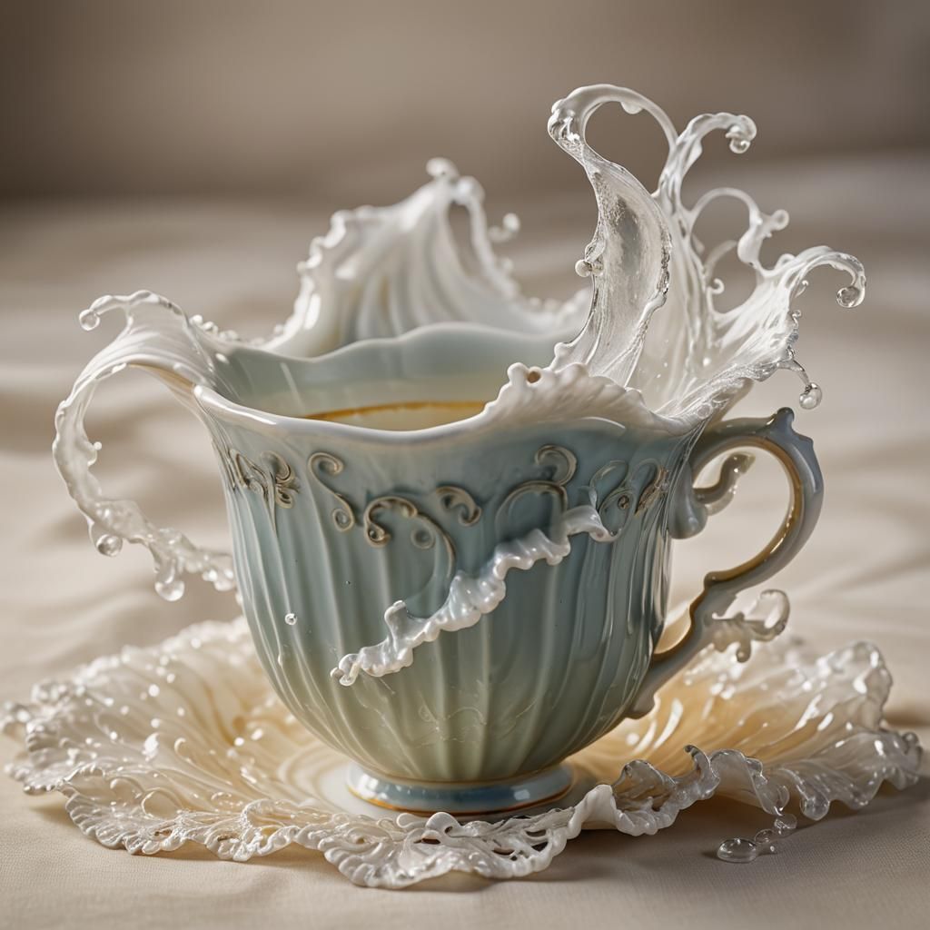 Wispy Sea Wave Overflowing from Porcelain Cup