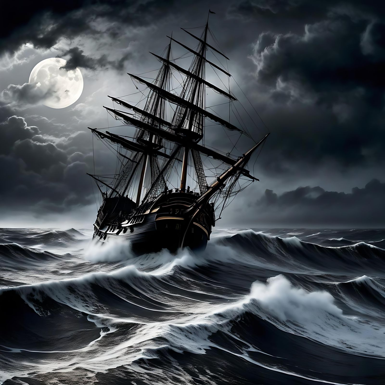 Ghost Ship Drifting on Stormy Sea: Film Noir Style