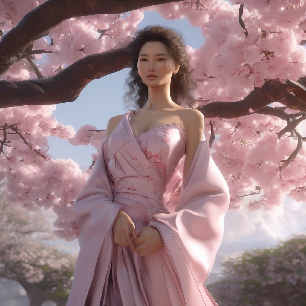 Elegant Woman in Form-Fitting Dress by Blooming Sakura Tree