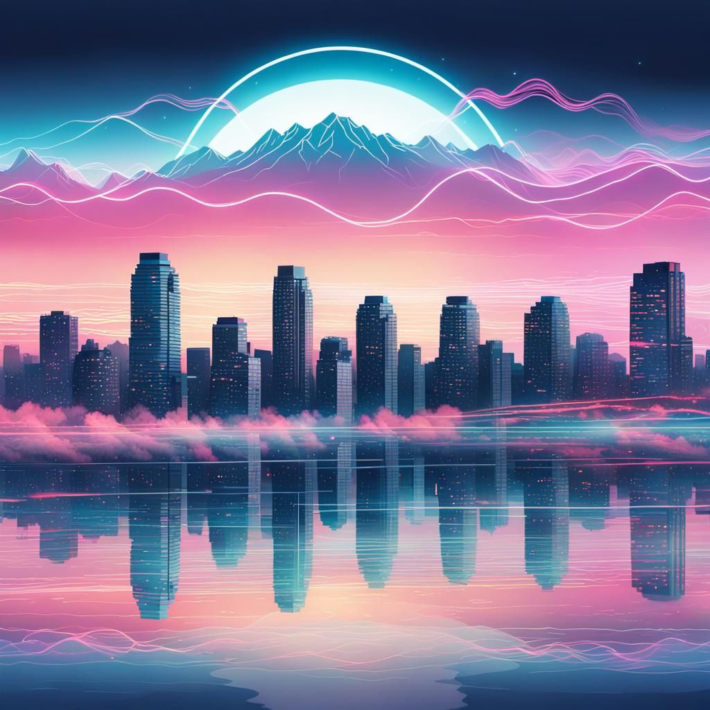 Vancouver Cityscape with Synthwave Vector Waves