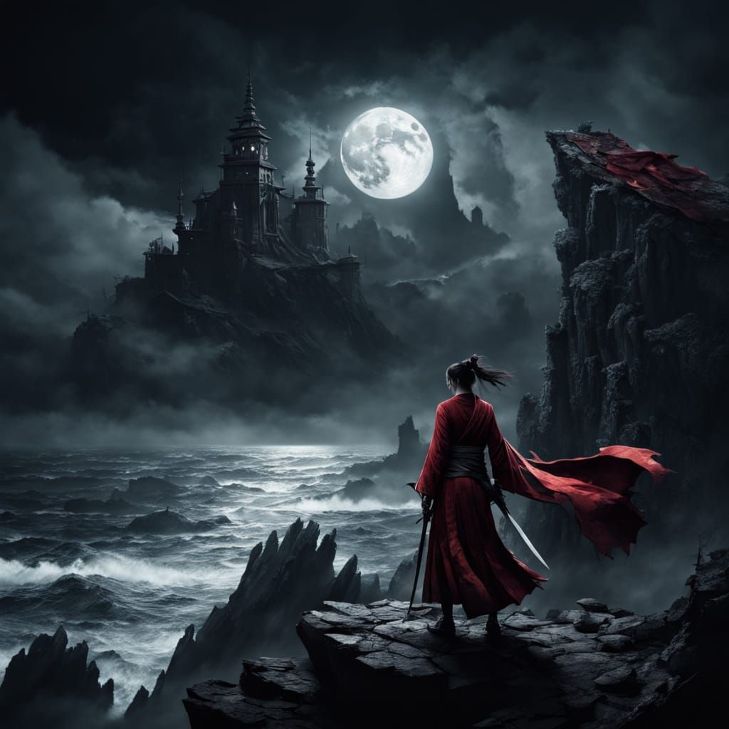 Warrior Woman on Gothic Cliff Facing Spectral Dragon