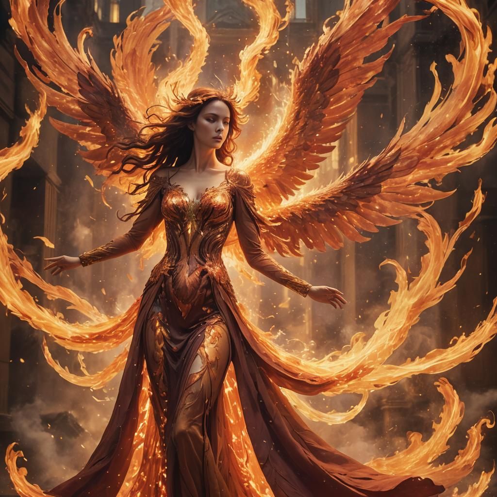 Fiery Phoenix Woman Reborn from Ashes