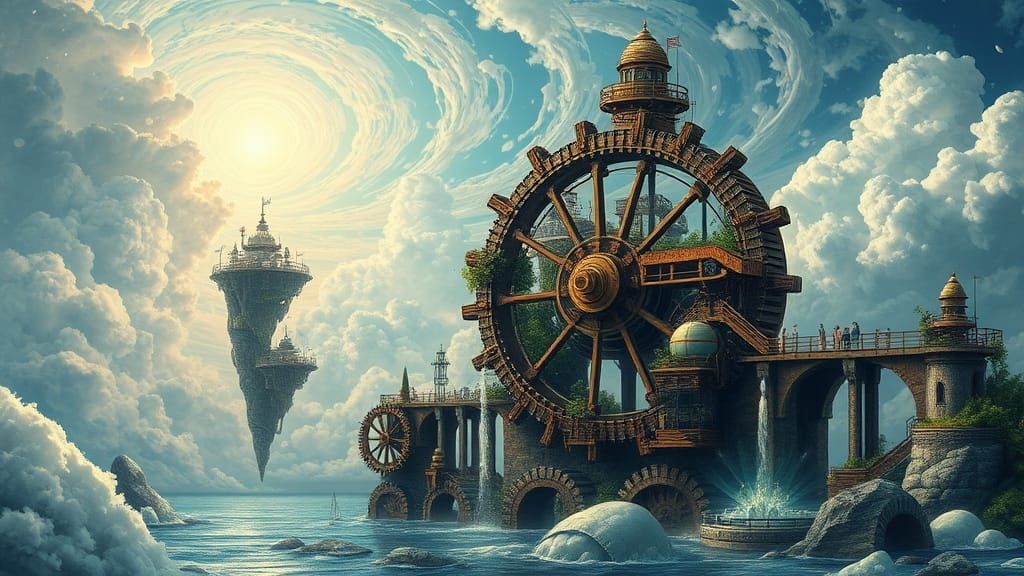 Steampunk Waterwheel Powers Dreamlike Floating City Amidst S...