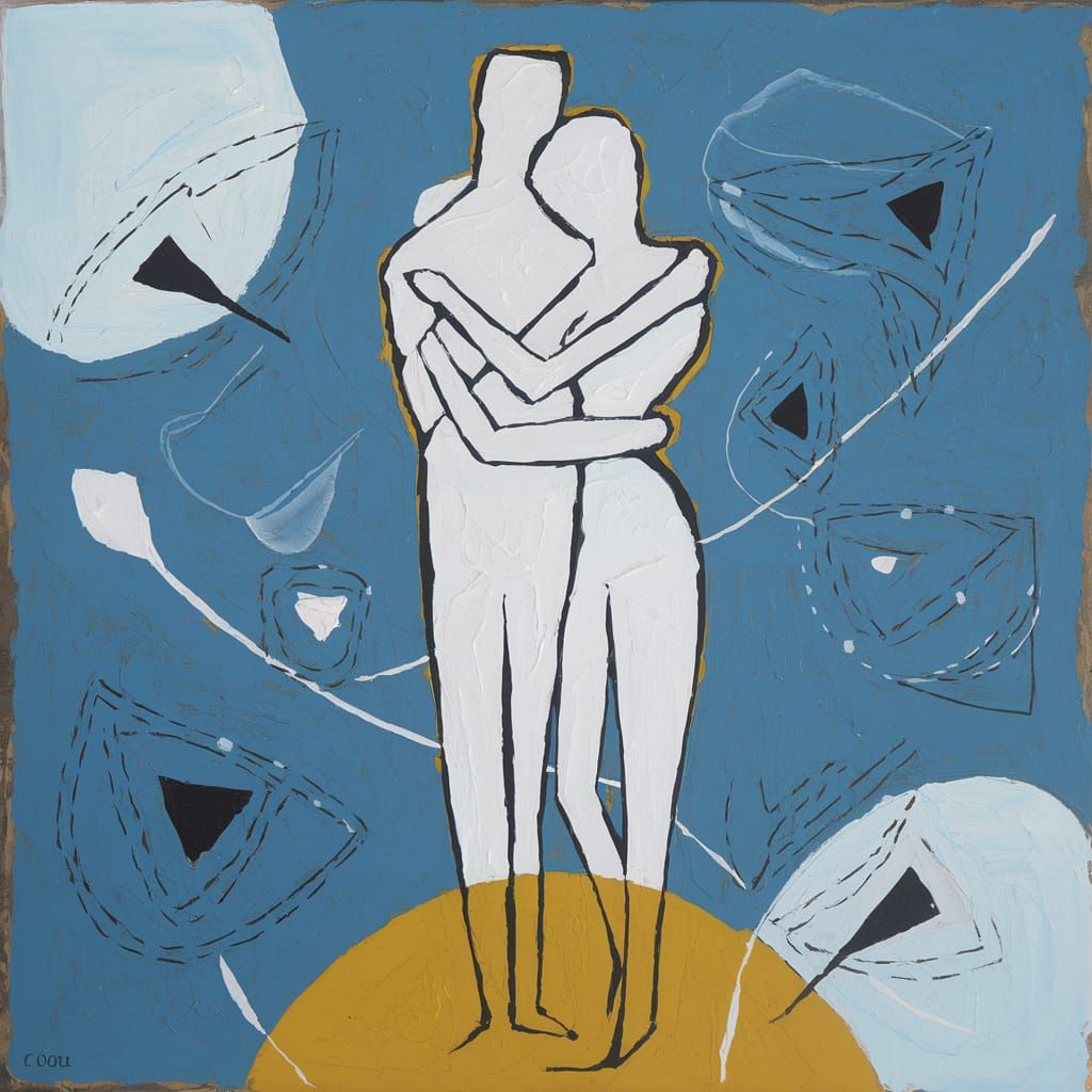 Minimalist Abstract Painting of Couple Embracing