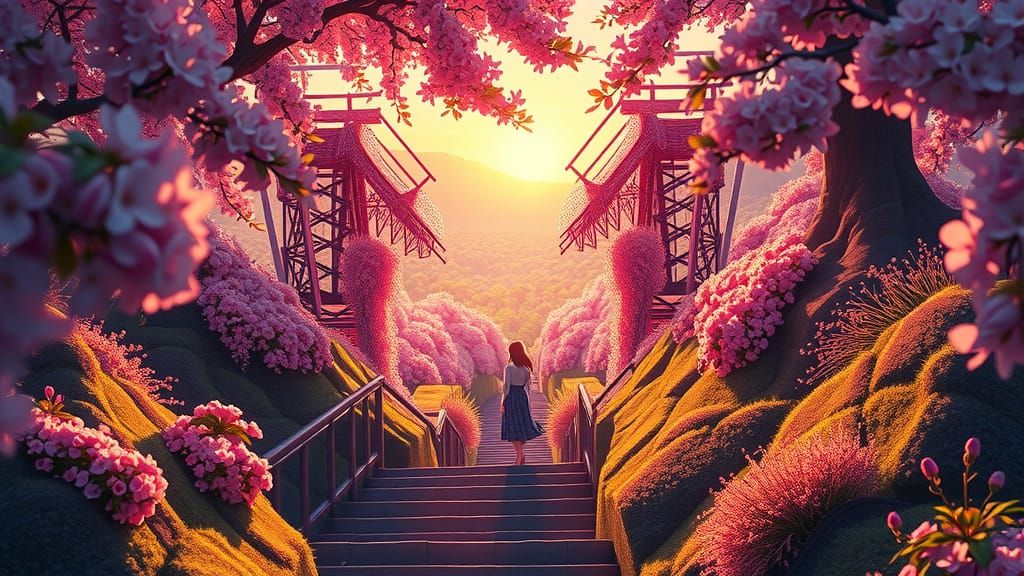 Sakura Garden at Golden Hour in Anime Style