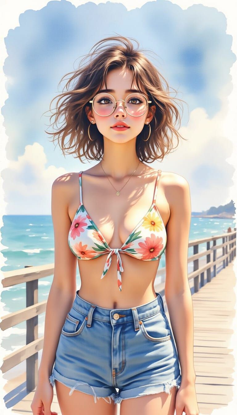 Watercolor Woman with Floral Top on Breezy Boardwalk