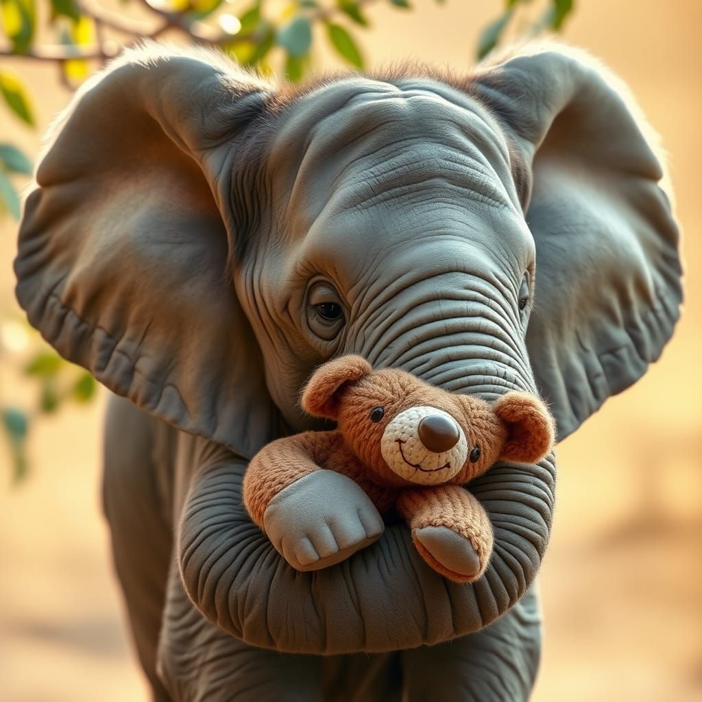 Baby Elephant Cradling Teddy Bear