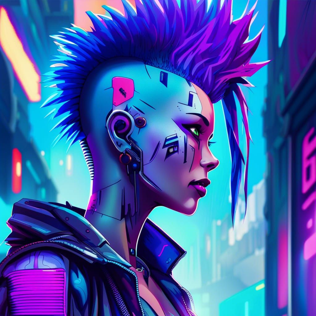 Android Woman with Blue Mohawk in Cyberpunk Style