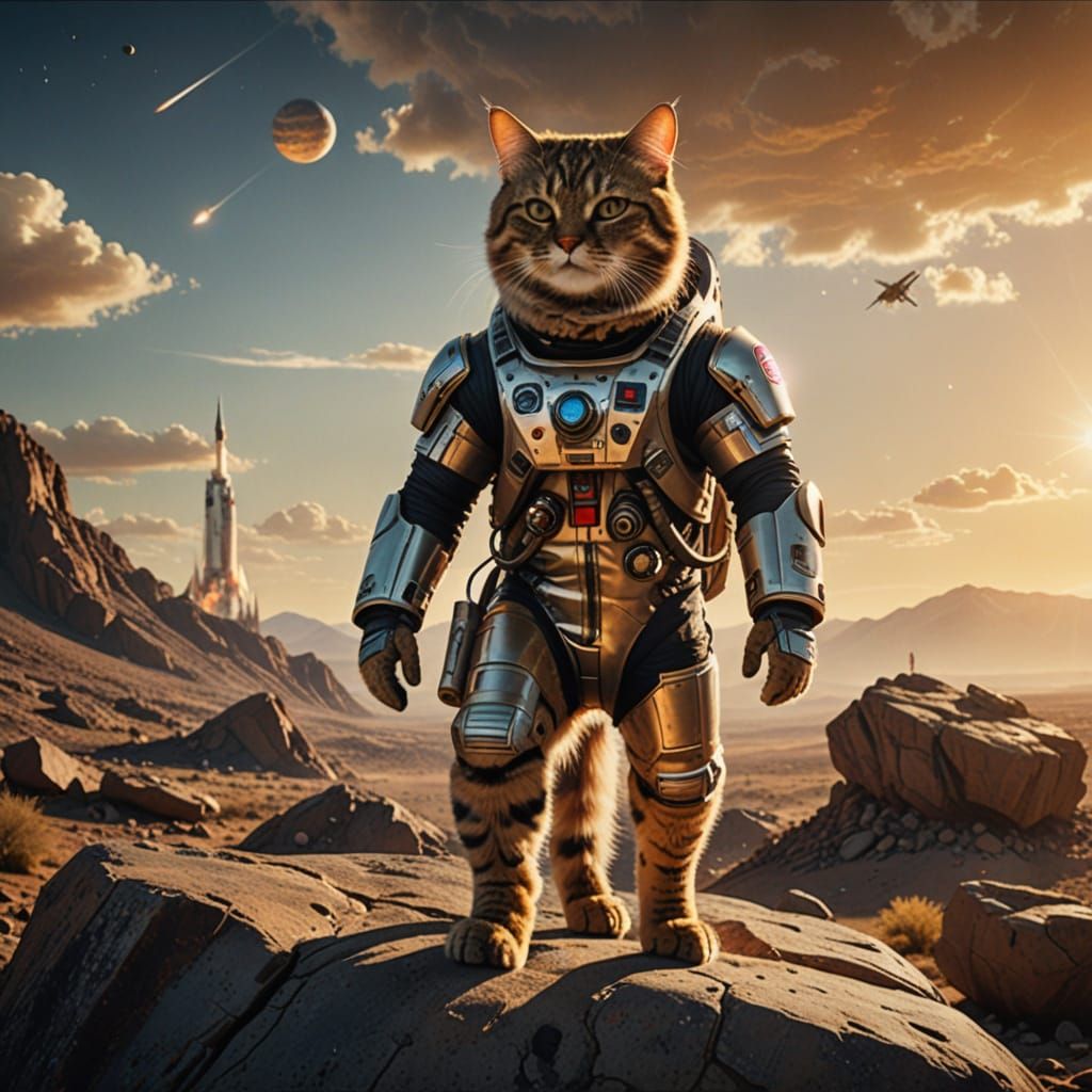 Cat and Dog Space Odyssey on Rocky Planet