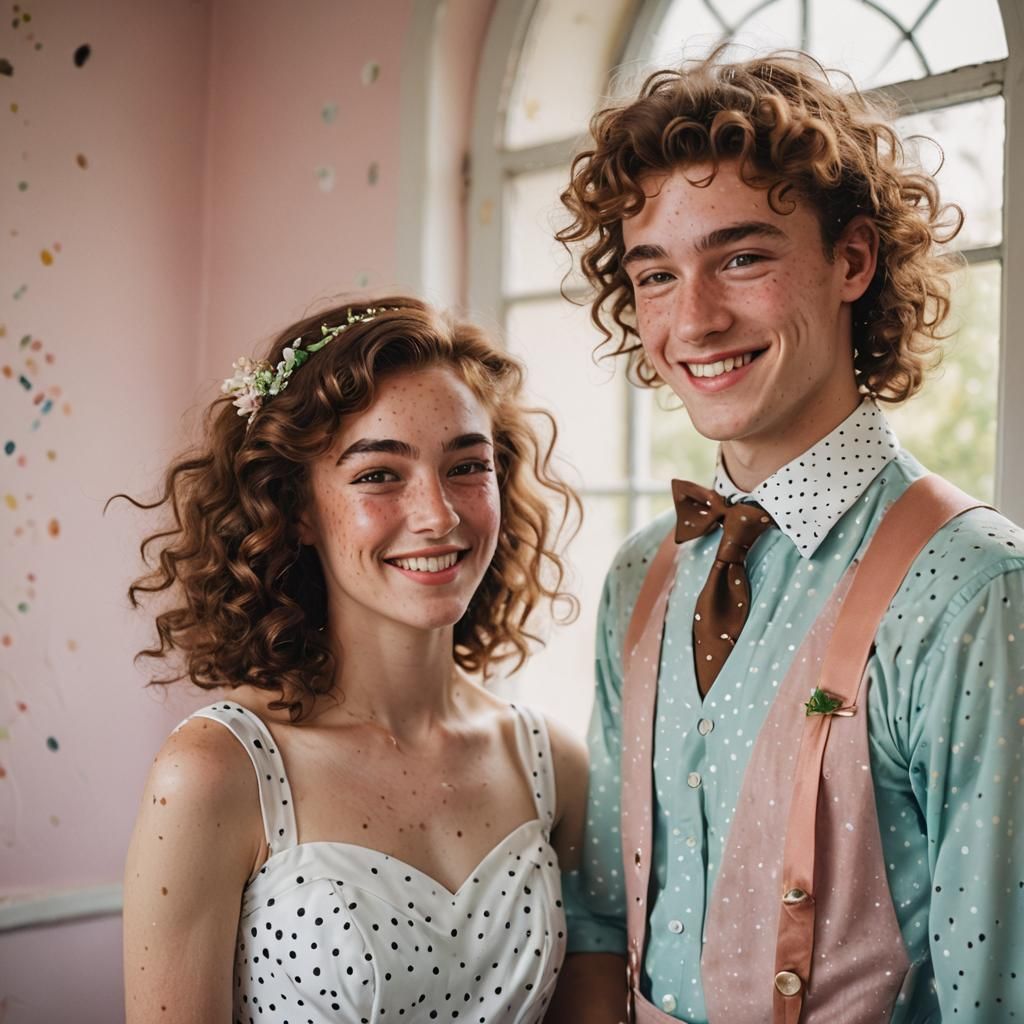 Crossdressing Teen Portrait with Polka Dot Dress Friend