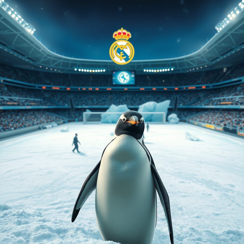 Penguin Kicks Penalty in Football Stadium, Digital Art