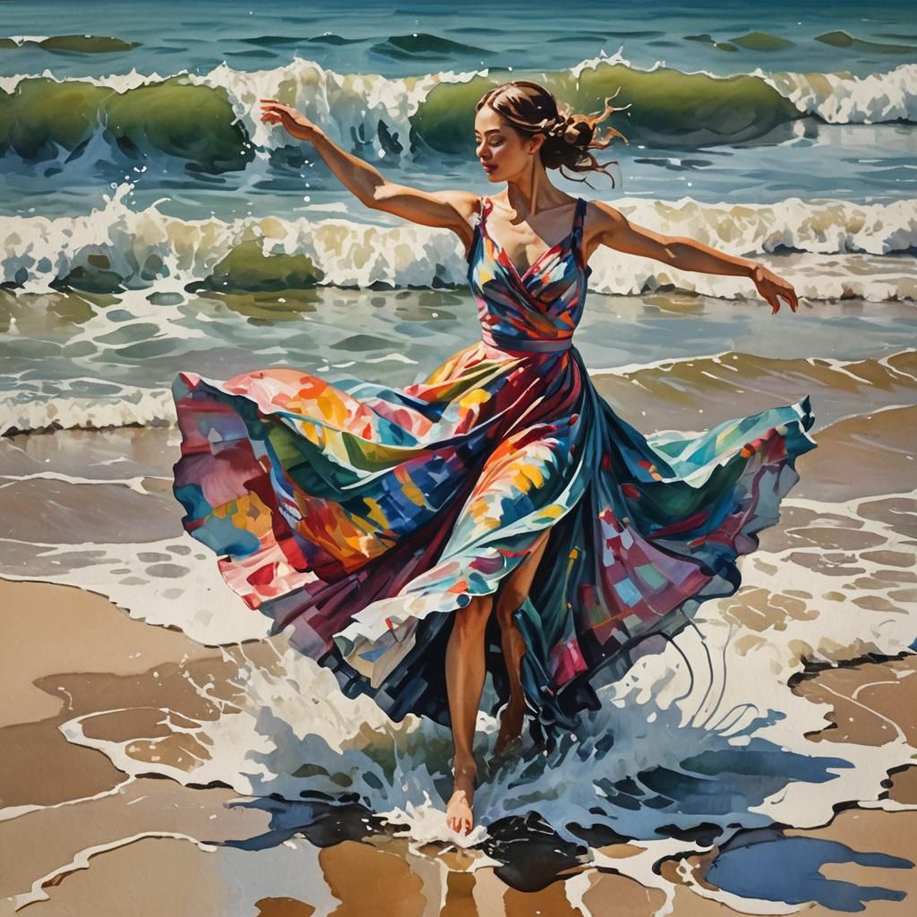 Dancer in Flowing Dress: Gouache Impressionist Beach Scene