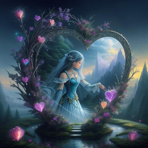 Ethereal Crystal Heart in Fantasy Landscape