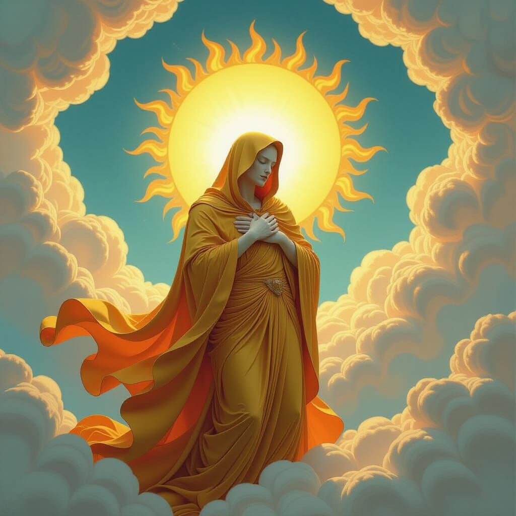 Golden Figure Embraces Sun in Surrealist Style