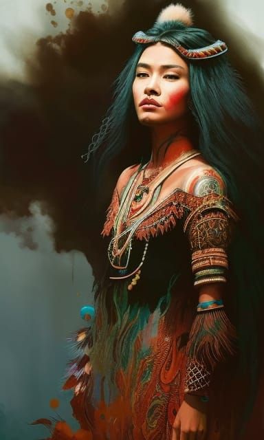 Navajo Girl with Red Hair in Gouache Painting Style