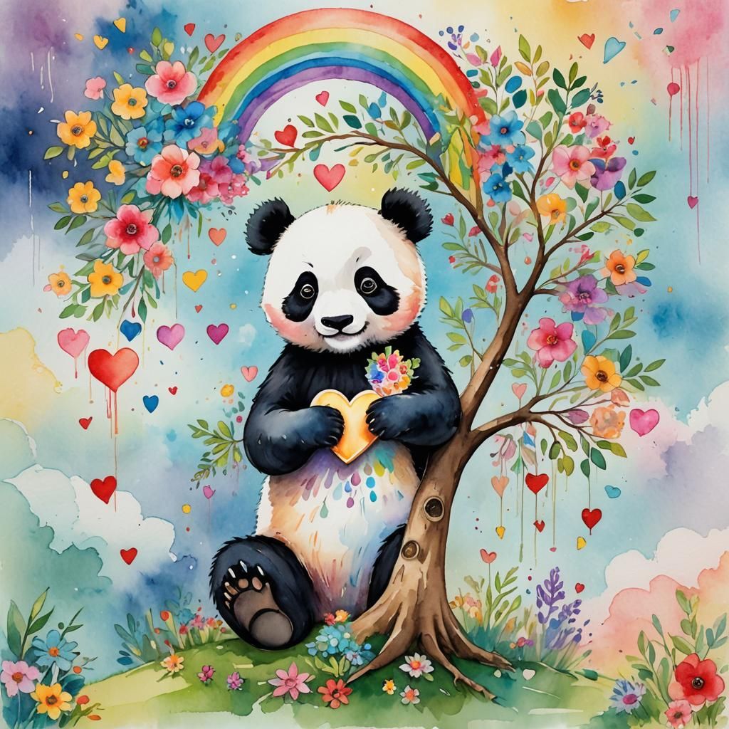 Panda with Heart by Rainbow Tree, Watercolor Style