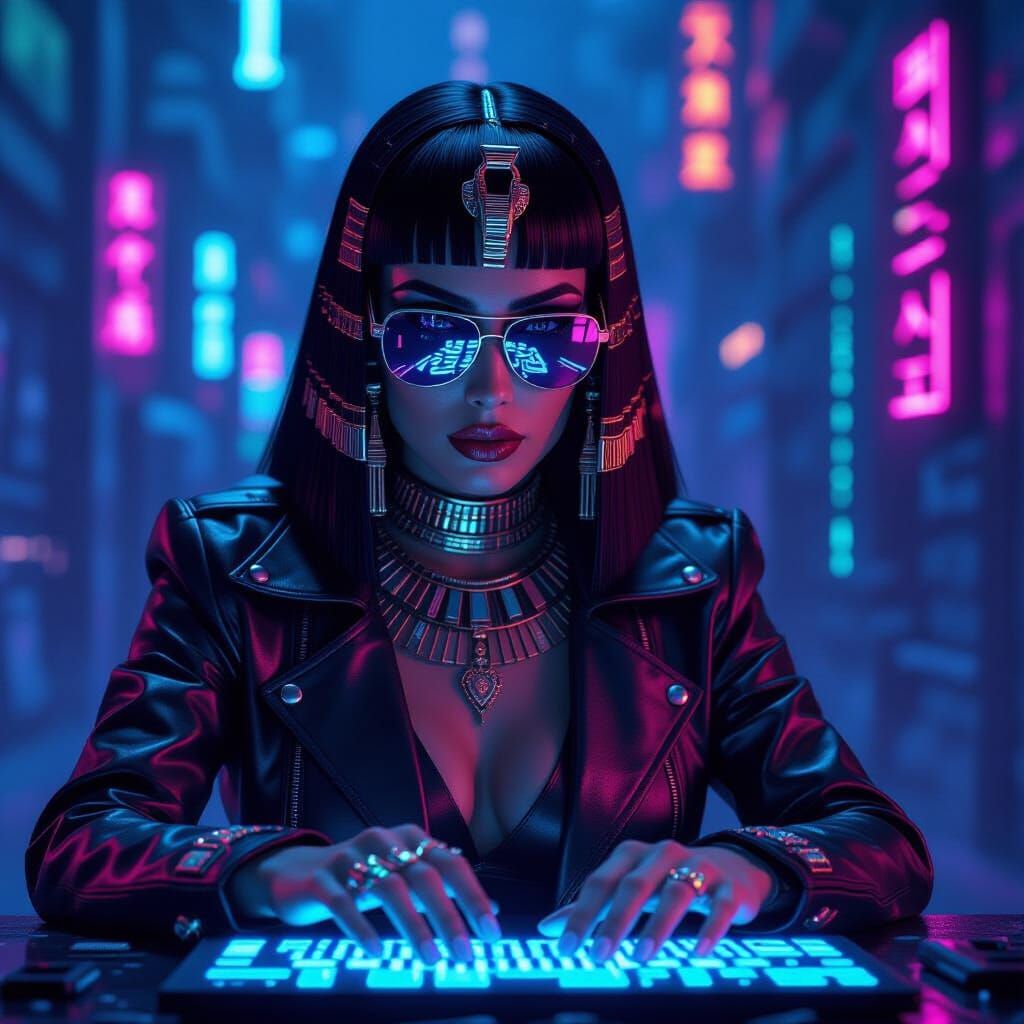 Cyberpunk Cleopatra: Hacker in Neon Cityscape