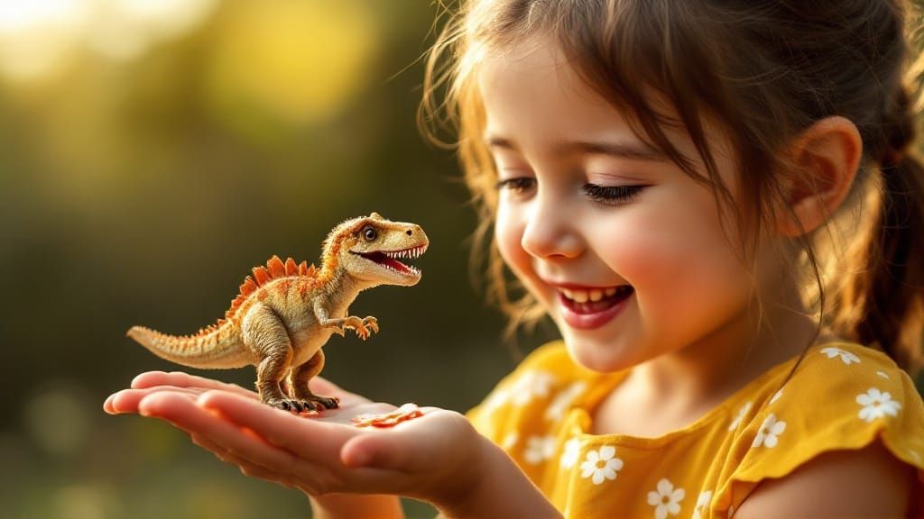 Whimsical Portrait of a Girl Feeding a Tiny T-Rex