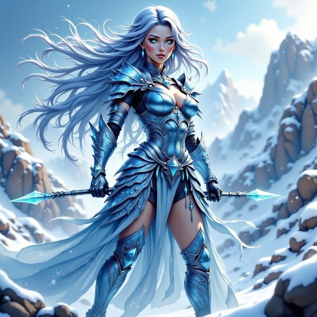 Icy Anime Warrior on Snowy Peak in Digital Art