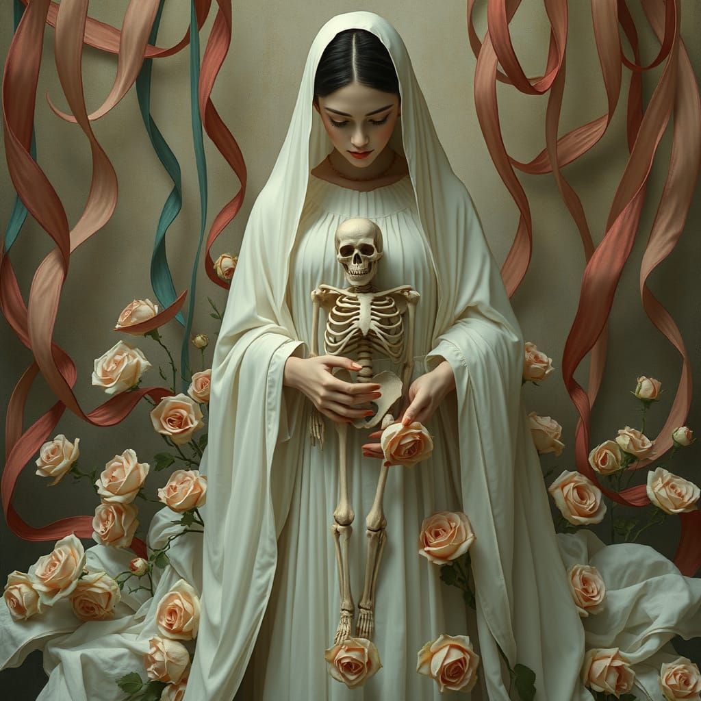 Ethereal Woman with Skeleton in Dreamlike Style