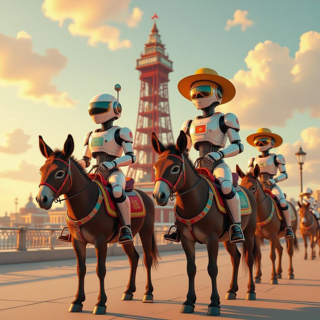 Robots on Donkeys at Blackpool Tower in Evening Light