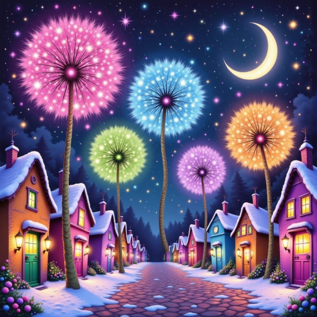 Exploding Dandelion Seeds in Neon Rainbows Over Whimsical Ho...