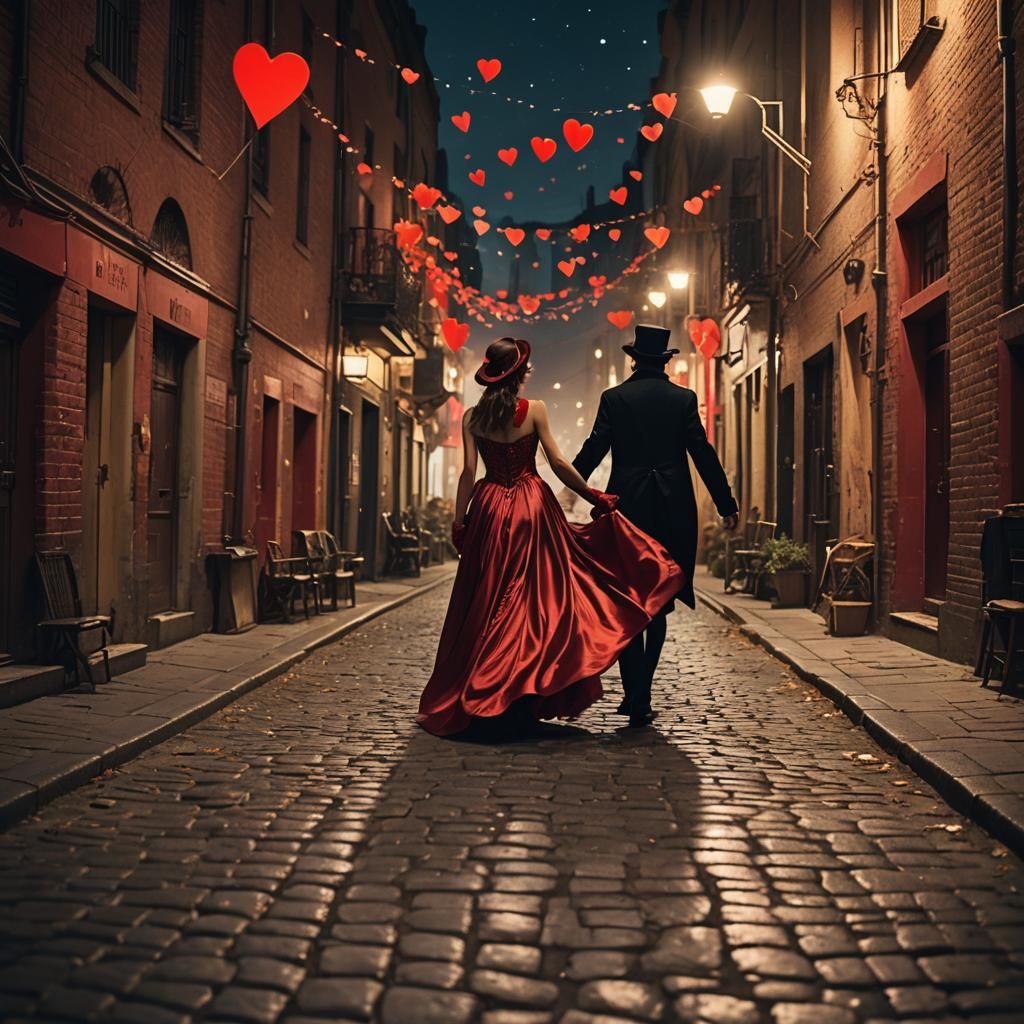 Romantic Couple Walking in Moonlit Alley in Film Noir Style