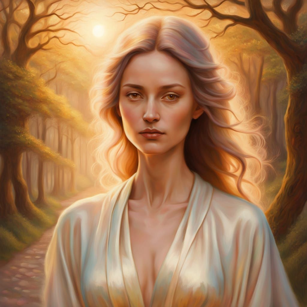 Serene Woman Embodies Wisdom in Ethereal Oil Painting