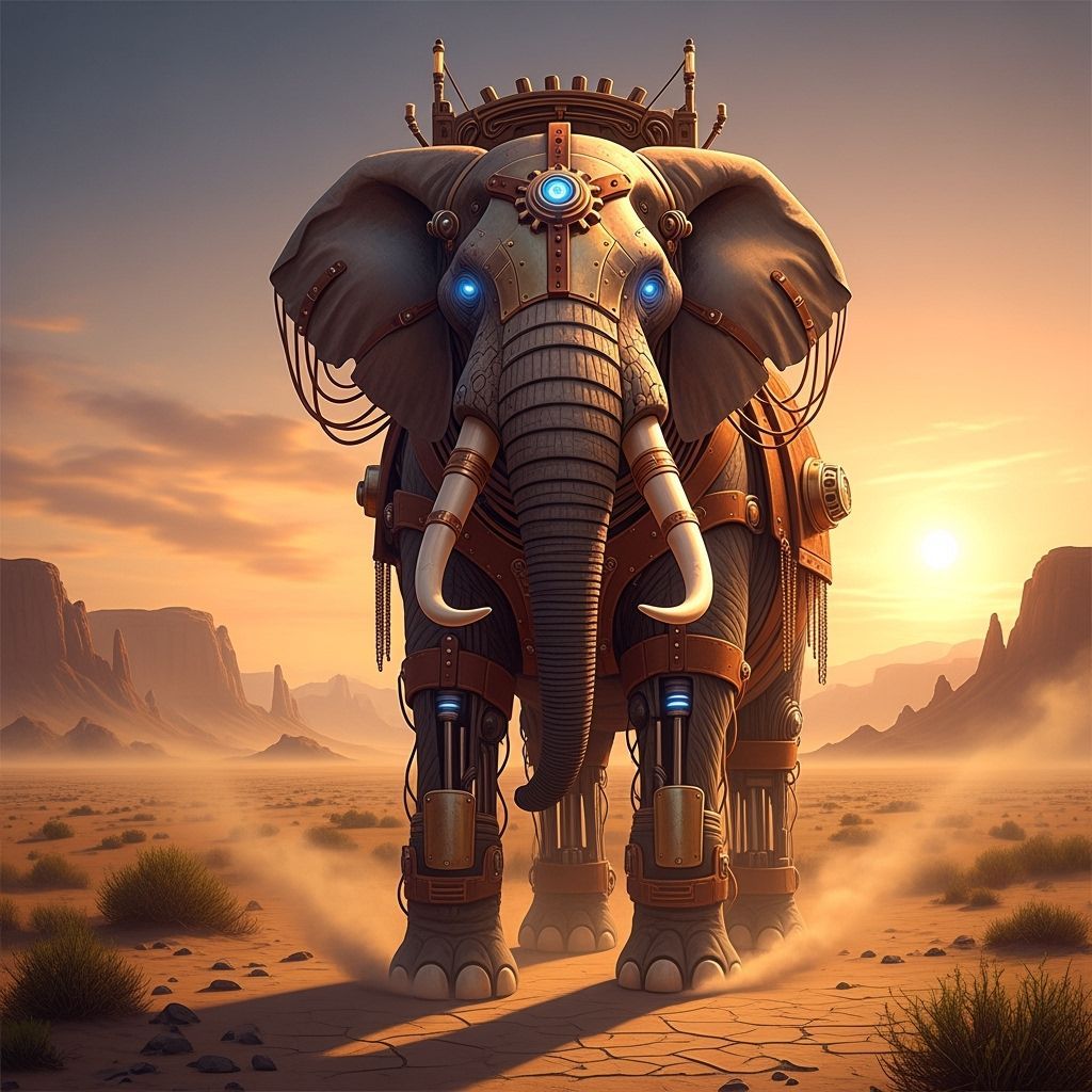 Steampunk Elephant in Desert Landscape