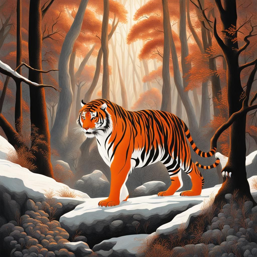 Tiger and Penguin Encounter in Forest