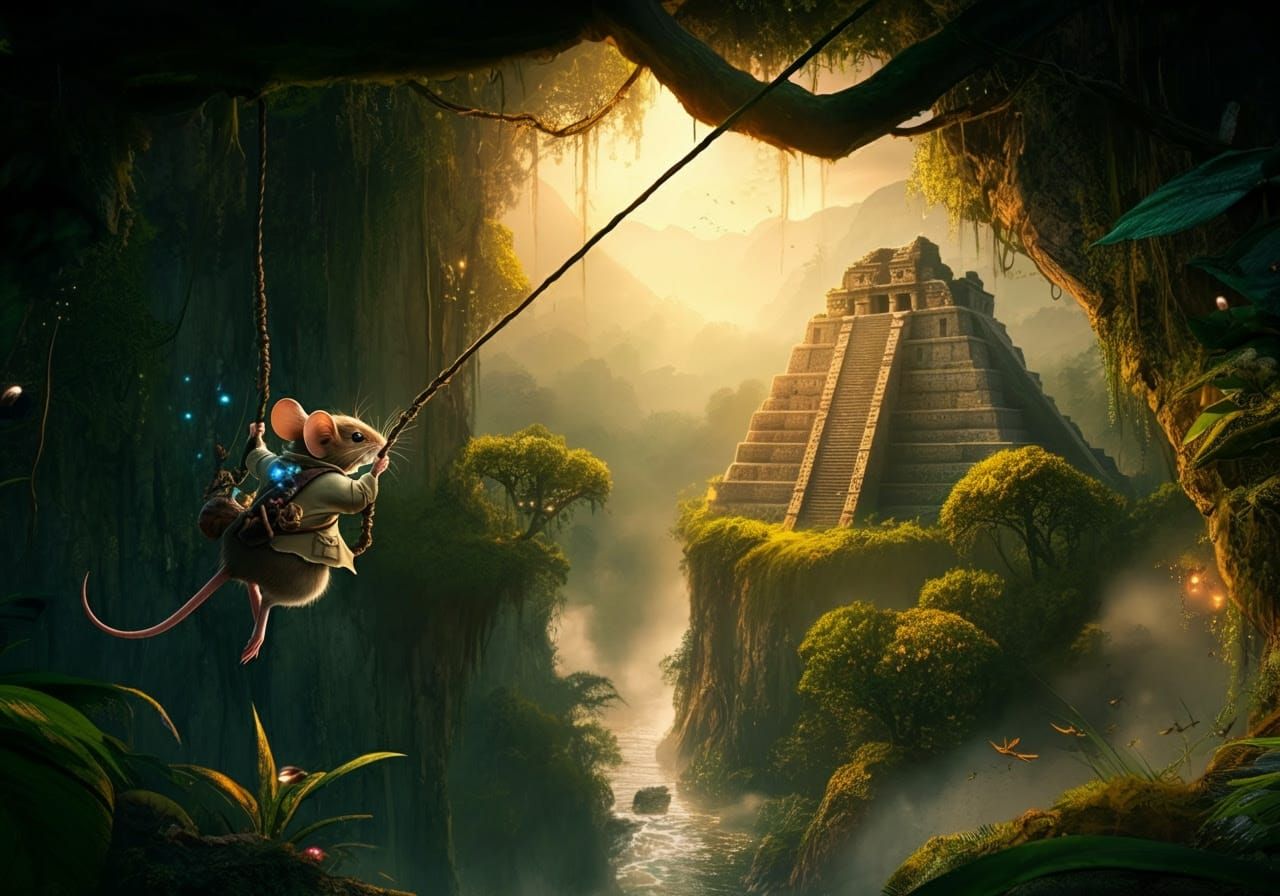 Adventurous Mouse as Archaeologist in Jungle Scene