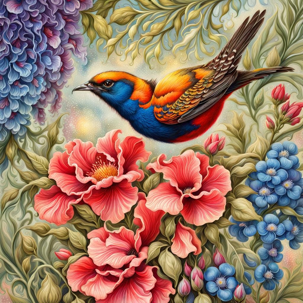 Bird on Flowers in Detailed Gouache Watercolor