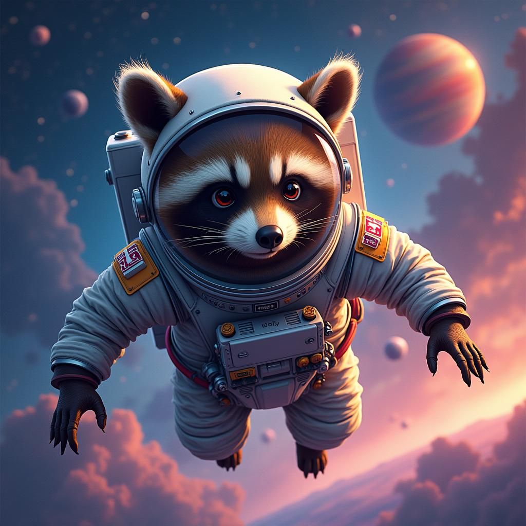 Raccoon in Spacesuit Amidst Starry Cosmos