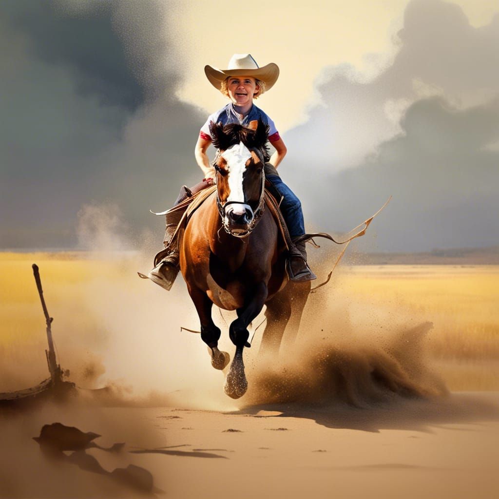 Toddler Cowboy's Chase: Whimsical Watercolour Painting