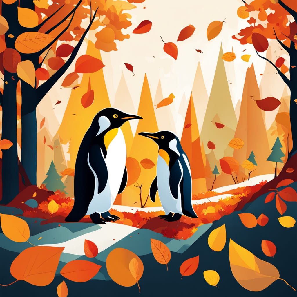 Penguins in Autumn Leaves Digital Art