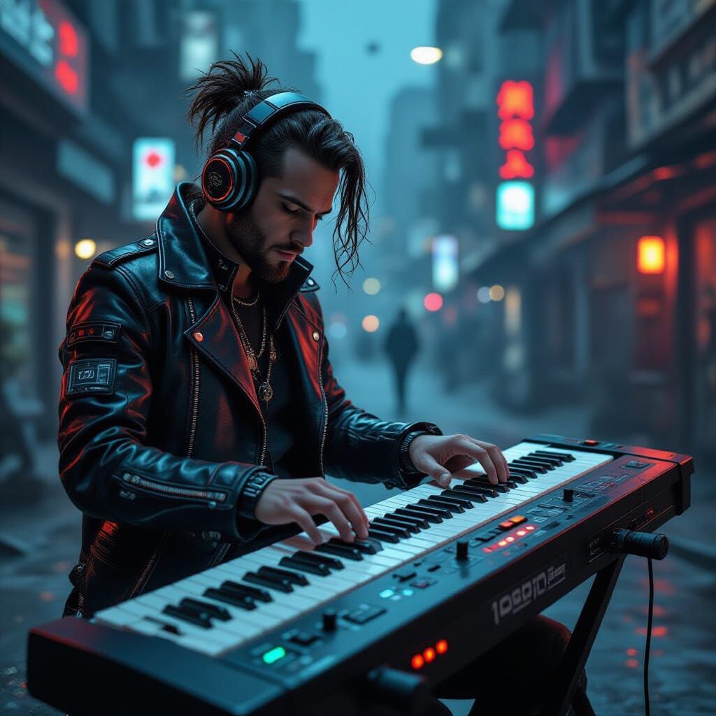 Steampunk Musician Plays Bach in Cyberpunk Cityscape