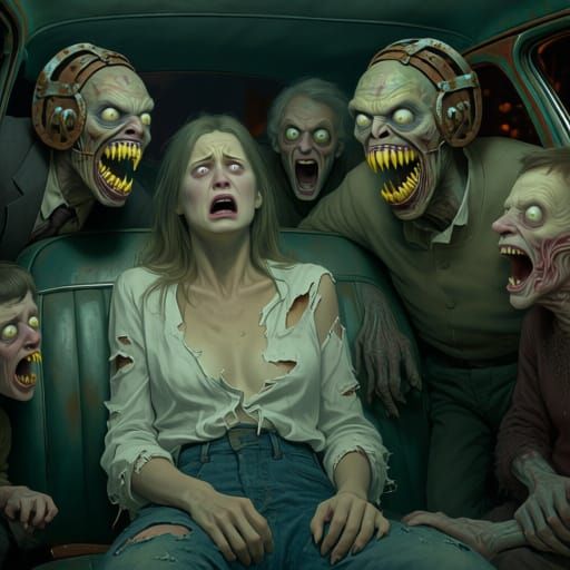 Terrified Woman Confronts Grotesque Family: Dark Art