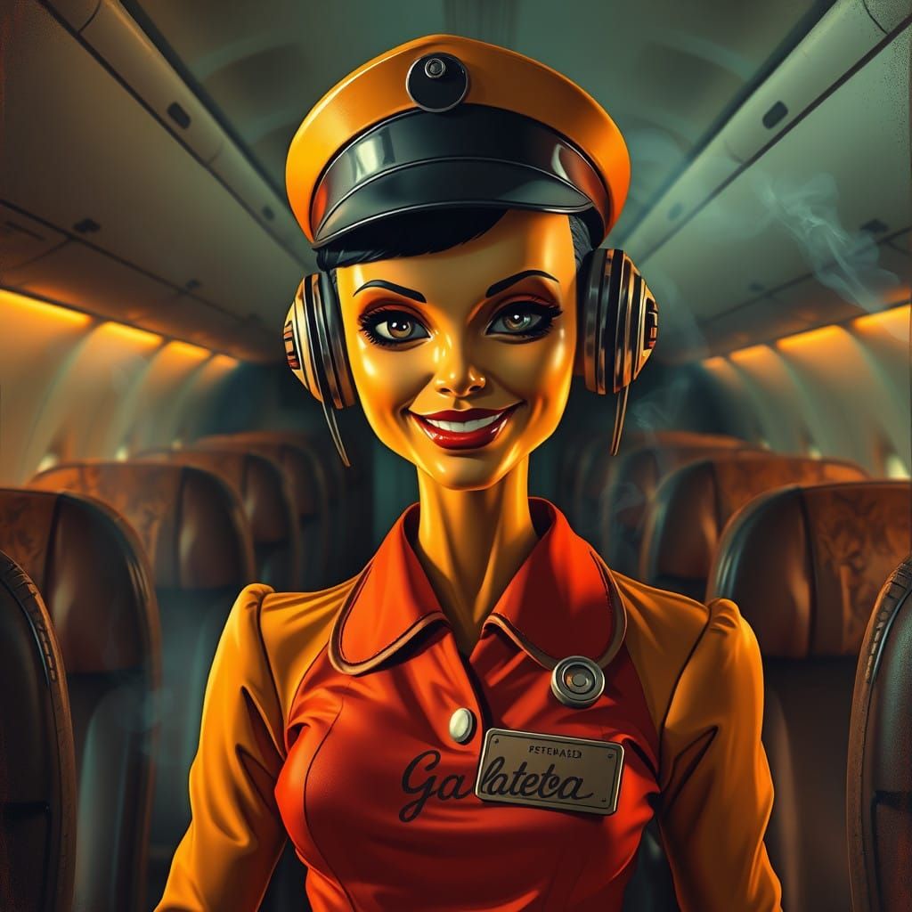 Retro-Futuristic Air Hostess Android in a Creepy 1950s Airli...
